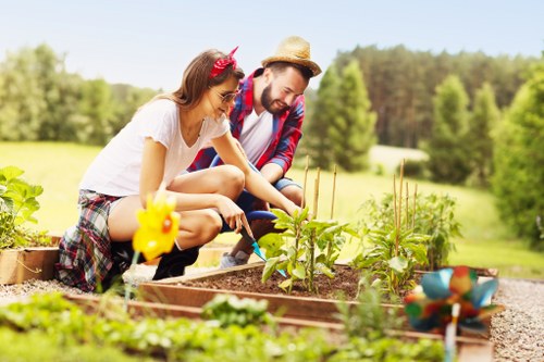 A man and a woman are kneeling in a well-maintained garden in Uxbridge, tending to a raised vegetable bed with various leafy greens and small plants. The garden features lush green grass surrounding the planting area, with a neat border of gravel and stepping stones leading across the yard. In the background, mature trees and shrubs create a natural landscape, while the clear sky and bright sunlight suggest a warm, pleasant day. The garden appears professionally landscaped with a mix of cultivated planting beds and open lawn space, indicative of outdoor maintenance and gardening services. The scene emphasizes a peaceful, productive outdoor environment typical for homeowners seeking lawn and garden care in the Uxbridge area, supported by local landscaping expertise. The presence of garden tools and the care being given to the plants highlight ongoing gardening activities, with the overall setting reflecting a well-organized, natural outdoor space perfect for family enjoyment and outdoor living. Landscapers Uxbridge provides comprehensive gardening and landscaping solutions to maintain such appealing green spaces.