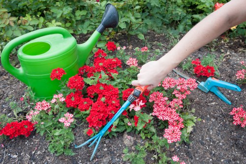 The image depicts a gardener's hand using a small garden fork to tend to a flower bed filled with red and pink flowering plants, possibly geraniums, in a landscaped outdoor garden area. To the left, there is a green plastic watering can with a black spout, positioned on the dark, moist soil which appears freshly turned or maintained. The garden area features a well-organized layout with the flower bed bordered by dark soil, surrounded by lush green foliage in the background. The scene is set outdoors in natural daylight, with a slightly cloudy sky providing even lighting. The gardening tools and plantings suggest regular care and maintenance typical of professional gardening services, such as those provided by Landscapers Uxbridge, to enhance outdoor spaces in the Uxbridge area, not far from the UB postcode. The environment emphasizes healthy, vibrant plant growth with a focus on floral display, soil health, and garden organization, reflecting typical features of residential or commercial garden improvement and landscaping efforts aimed at creating attractive green outdoor environments.
