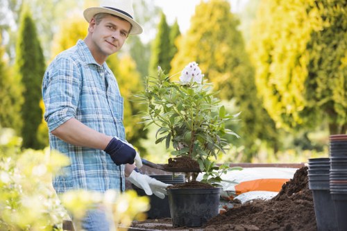 A man working in a garden during daytime, wearing a light-colored hat, a blue checkered shirt, and gardening gloves, is planting a potted shrub or small tree into raised soil bed. The garden features a neatly maintained lawn with lush green grass, edged by a wooden border, and is surrounded by tall trees with bright green foliage. In the background, there are stacked flower pots and gardening tools, indicating ongoing plant care or landscaping activities. The scene captures the outdoor environment in natural daylight, highlighting a well-kept, landscaped yard that could be part of a residential garden in Uxbridge or nearby areas, showcasing typical elements of outdoor gardening and landscaping work supported by professional services such as those offered by Landscapers Uxbridge.